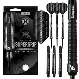 Harrows SUPERGRIP Black Edition 90% Tungsten Steel Tip Dart Set Available in 21g, 22g, 23g, 24g, 25g, 26g, 28g and 30g - Includes Supergrip Shafts and Supergrip Flights (26 grams)