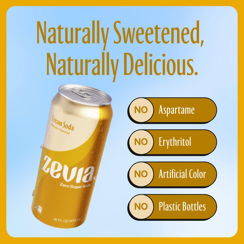 Zevia Zero Sugar Soda, Cream Soda, 16 oz Cans (12-Pack)