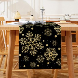 Christmas Table Runner Black Gold Snowflake Xmas Table Runner Seasonal Washable Winter Modern Linen Table Decorations for Party Holiday Kitchen Dining 33 x 183 cm