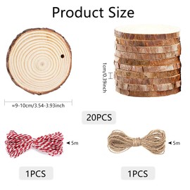 Wood Slices - 20Pcs Unfinished Natural Wood Discs, 9-10 CM Predrilled Log Slices Wooden Circles with Hole and 2 Ropes, Wooden Slices for Crafts DIY Wedding Decorations Christmas Ornaments Coasters