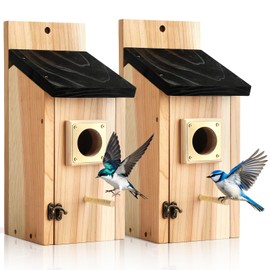 2 Pack Bird Houses for Outside - Cedar Bird House with Metal Predator Guard & Perch, Outdoor Bluebird Nesting Box for Wren Finch Swallow Chickadee, Weather Resistant (Brass)