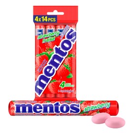 Mentos - Strawberry 4-Pack - Chewy Mints with Long-Lasting Flavour and Convenient Pocket-Sized Packs - Perfect for On-The-Go Freshness