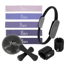 U can Kit de Pilates para Casa con aro, Pelota de 25 cm, Mancuernas de 1 kg, Polainas de 0.5 kg y Bandas de Resistencia de 3 Niveles. En Colores Verde