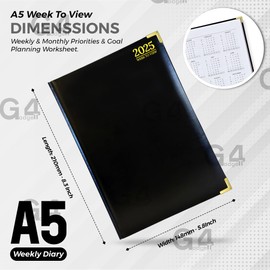 G4GADGET Luxury 2025 A5 Week to View Diary Hardback Cover 80GSM Paper for Business Office & Home A5