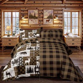 3 Piece Cabin King Size Quilt Sets Farmhouse Rustic Reversible Microfiber Soft Lightweight Bedspread Comforter with 2 Shams Patchwork Country Lodge Bedding Quilts Set for All Season, 106''x96'', Brown