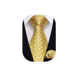 HISDERN Extra Long Check Tie Handkerchief Men's Necktie & Pocket Square Set,Yellow & Purple,2XL, 70 inches length