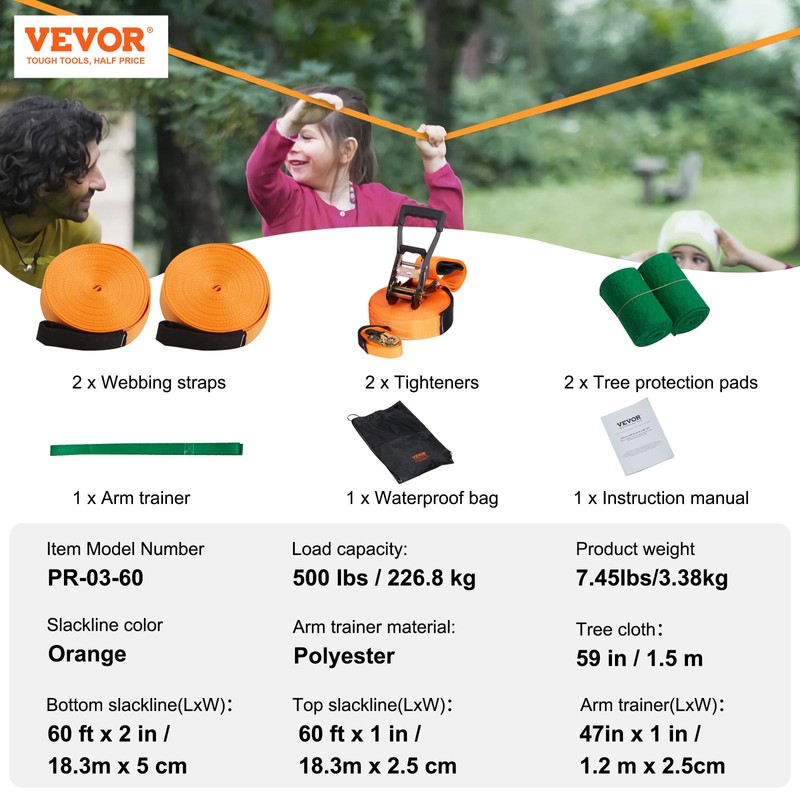 VEVOR Slackline Kit with Training Line, 60 ft Backyard Slack