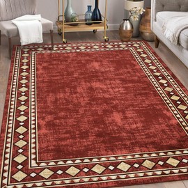 NANAN Modern Rug 9x12 Large Geometric Bordered Area Rugs for Living Room Bedroom Low Pile Office Border Rug Minimalist Abstract Carpet Non Slip Farmhouse Area Rugs Red