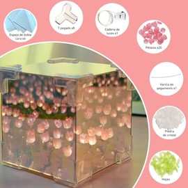 Lampara De Tulipanes Con Espejo, Diy Lámpara De Tulipanes Infinitos En Cubo, 12x12cm, Embalaje De Caja De Color, Adecuado Para Dar Regalos, Decoración y Pequeña Lámpara Nocturna - Rosa