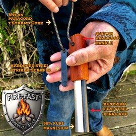 Fire-Fast Trekker. Best Emergency Waterproof Survival Fire Starter. Magnesium and Euro Fire Steel Ferro Rod. Compact Durable Tool for Bushcraft, Camping, Backpacking, Hiking, Hunting, or Bug Out Bag.