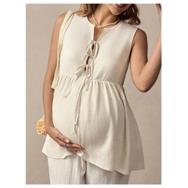 OYOANGLE Women's Maternity Tie Front Peplum Tank Top Sleeveless Crew Neck Pregnancy Tops Apricot Large