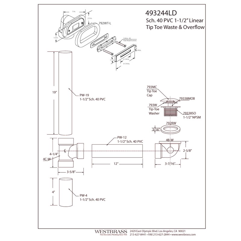 Westbrass D493244LD-07 19" Bath Waste Assembly with Tip-Toe Drain Plug