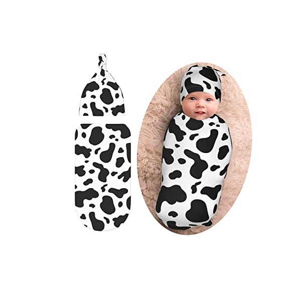 Cow Print Newborn Swaddle Blankets Beanie Hat Sets Soft and