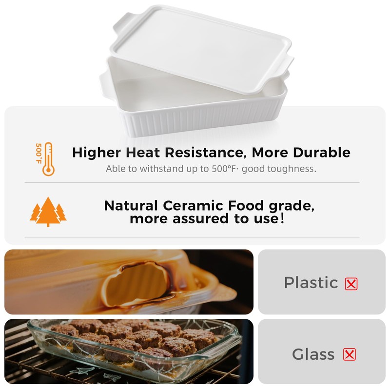 Dizada Large Casserole Dish with Lid, Deep 5.2-Qt (9"x13") 2-in-1