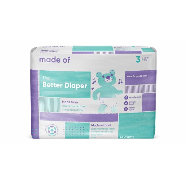 MADE OF The Better Baby Diapers - Hypoallergenic Diapers for Sensitive Skin, Unscented, 10 Hour Absorbency - Pediatrician and Dermatologist Tested - Size 3 (128 Count)