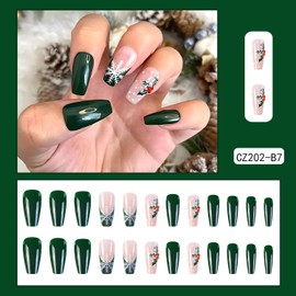 24Pcs Christmas Press on Nails with Snowflake Tree Designs Glossy Square Full Cover Green Xmas Artificial Fake Nails Medium Acrylic Winter Coffin False Nails with Glue Stick on Nails for Women