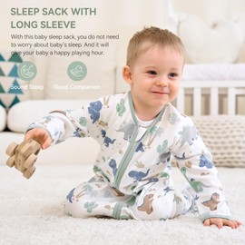 FIEMOL Baby Sleep Sack 6-12 Months, Long Sleeve Baby Sleeping Bag 0.5 Tog with Mittens, Newborn Cotton Wearable Blanket Gigoteuse Green Dinosaur 2 Pack(Medium)