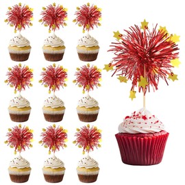 PATIKIL Firework Cupcake Toppers, 50 Pcs Sparkle Tinsel Snow Cupcake Picks Birthday Party Graduation Wedding Foil Decor Cocktail Food Fruit Toothpicks Christmas, Red