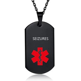 GMXLin SEIZURES Medical Alert Necklace for Men Women Black Stainless Steel Engraved Medical ID Tag Emergency Med Health Pendant for Birthday