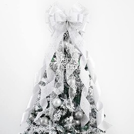 MEEDEE White Christmas Tree Topper Bow Large White Bows for Christmas Tree 12" Wide Silver White Christmas Decorations Silver Snowflake White Velvet Christmas Bow Wreath Lantern Garland Swag, 1 Pack
