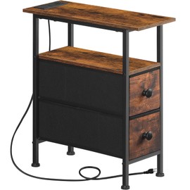 HOOBRO End Table with Charging Station, Narrow Side Table with 2 Fabric Drawers, Skinny Nightstand with Storage, Slim Bedside Table for Living Room, Small Spaces, Rustic Brown and Black BF487UBZ01