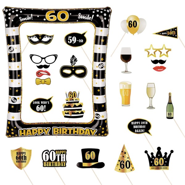(24Pcs)60th Birthday Party Inflatable Frame and Photo Booth Props for Her Him Forty Birthday Gold and Black Decorations Family Fun Holiday Party Supplies Theme Party Kit