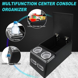 Universal Car Center Console Organizer with Cup Holder& Phone Holder, Rear Bench Seat Consoles with Armrest Middle Storage Box, Truck Seat Organizer for Car & Van & Truck Floor Cab, Black