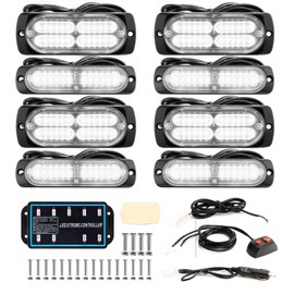 BooYu 8-pcs Surface Mount LED Emergency Strobe Flashing Lights w/Controller for Trucks, Vehicles, Car (White)