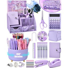 LXEVIHK Purple Desk Organizers and Accessories With Mesh Desk Organizer and 360°Rotating Pen Holder and a Lot of Office Purple Office Supplies Beautifully Presented in a Gift Box, Back to School