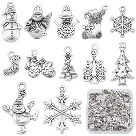 SUNNYCLUE 1 Box 120Pcs 12 Style Christmas Tibetan Style Charms Winter Theme Snowflake Pendants Antique Silver Snowman Pendants Metal Alloy Christmas tree Beads Bulk for Jewelry Making Charm DIY Craft, Metal