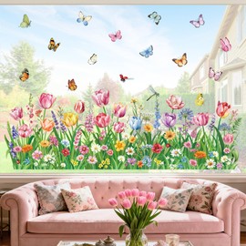 decalmile Window Clings Pink Tulips Flower Reusable Windows Decals