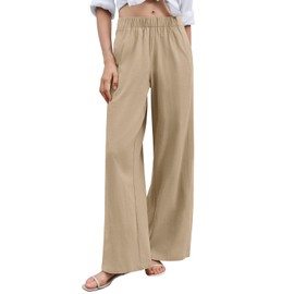 Yousify Women's Summer Wide Leg Pants Casual Loose Elastic Hight Waisted Cotton Palazzo Pants Beach Travel Outfits Khaki