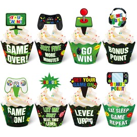 Nuenen 96 Pcs Video Game Cupcake Decoration Game Themed Cupcake Toppers and Wrappers Gamer Birthday Cupcake Picks Game on Cupcake Wrappers Level up Cupcake Decor for Gaming Party Supplies (Green)