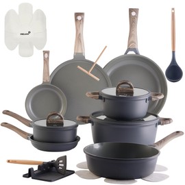 22Pcs s Pots and Pans Set Non Stick Non-Toxic Ceramic Cookware Sets Nonstick Kitchen Pot&Pan With Lid Cream Gray Granite Induction Compatible with Glass Lids 10" Griddles Frying Pan PFOA/PFOS-Free