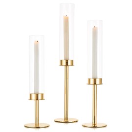 Sziqiqi 19inch Tall Candlestick Holders Gold Taper Candle Holder for Wedding - 3pcs Candle Sticks Long Holder with Removable Glass Candle Stand for Table Centerpiece