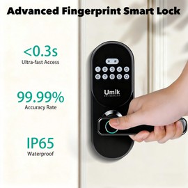 UMIK UMIKSMART Fingerprint Smart Door Lock with Handle, Keyless Entry Door Lock for Front Door, Auto-Lock, APP Control, Easy Install (Black)