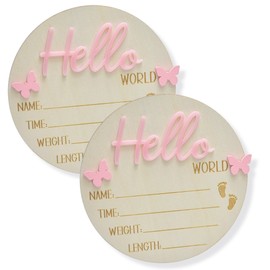 zhuyva 2 Pcs Baby Announcement Sign, Hello World, Baby Name and Birth Plaques for New Born Boys Girls Photo Props Hospital Nursery Home