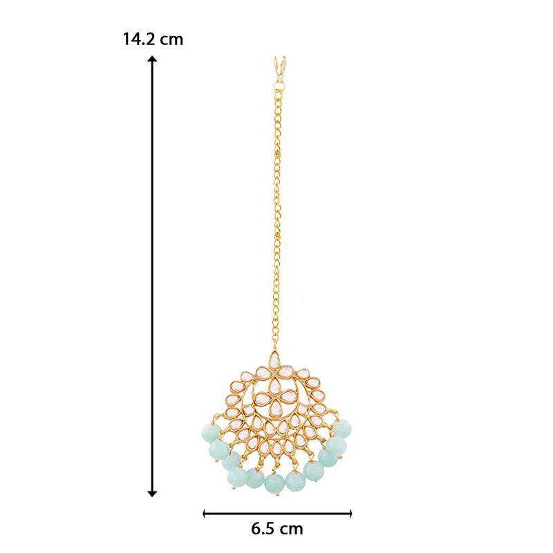 Aheli Faux Kundan Pearl Sky Blue Maang Tikka nupcial indio