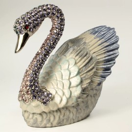 Bejeweled swan trinket box, Faberge  figurine with crystals in silver/amethyst