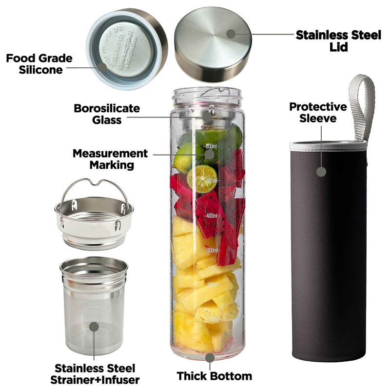 23oz Borosilicate Glass Water Bottles with Stainless Steel Lid -