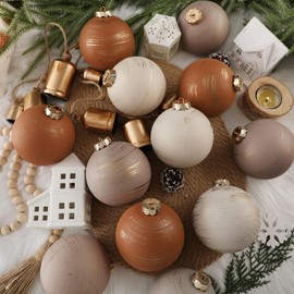 Yunlly 12 Pcs Textured Christmas Ball Ornaments 4 Inch Neutral Copper Xmas Ornaments Vintage Earth Toned Tree Decoration Rustic Farmhouse Hanging Christmas Decor for Xmas Tree Home Decor, Neutral