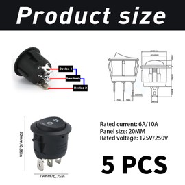 Pack of 5 Toggle Switches 3 Positions, Rocker Switch 250 V 6 A, Mini Toggle Switch, Illuminated, Light Switch, Black, Switch 12 V Waterproof, Pressure Switch for Cars, Boats and Household Appliances
