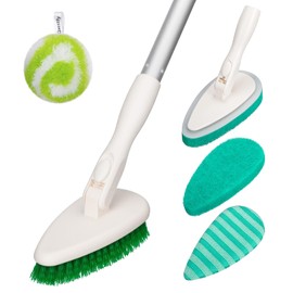 Qaestfy 4-in-1 Tub and Tile Shower Scrubber, 51'' Bathtub Cleaning Brush with Long Handle, Soft & Stiff Bristles Bathroom Scrub Brush, Non-Scratch Shower Cleaner Brush for Cleaning