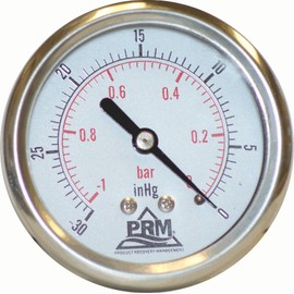PRM Vacuum Gauge, 0 to -30 inHg / 0 to -1 Bar, 2.5-Inch Stainless Steel Case, Brass Internals, 1/4-Inch NPT Back Mount, Liquid Filled - Accurate Measurement for Air & Water Systems