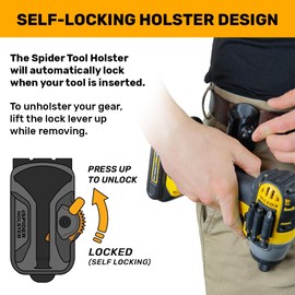 Spider Tool Holster - Tape Measure and Hammer Holster Kit - 1 Tool Holster + 2 Adhesive Pro Tool Tabs - Self Locking, Quick Draw Universal Tool Holder also for Bit Box, Drink Bottle, Mallet, and More!