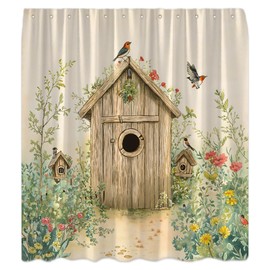 JWJAMM Outhouse Shower Curtain Vintage Rustic Primitive Country Farmhouse Bird Floral Plant Wooden Grassland Western Country Backhouse Green Bath Curtains with Hook,70x70 Inch