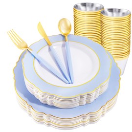 WDF 150pieces Baby Blue Plastic Plates with Gold Rim - Disposable Gold Plastic Silverware With Blue Handle-Baroque Light Blue&Gold Disposable Plates Dinnerware for Wedding/Party