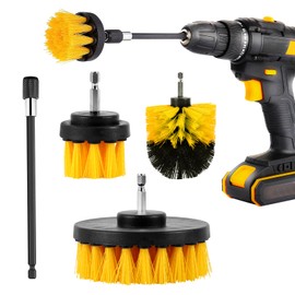 4 Piece Drill Brush Cleaning Brushes Set, Power Scrubber Cleaning Brushes Extended Long Attachment Kit, Detailing Brush Set for Car Tire, Barthroom, Floor, Grout and Tuff Stuff, Yellow