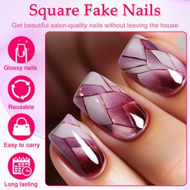 24 Pcs Press on Nails Square Medium Length, Burgundy French Tips False Nails in 12 Sizes, Acrylic Full Cover Fake Nail with Glue Stickers, Reusable Stick on Nails for Women and Girls DIY Decorations