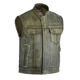 A&H Apparel Mens Genuine Cowhide Leather Biker Vest - Motorcycle Gear with Pockets - Sleeveless Motorwear & Top Coat (Distressed, L)